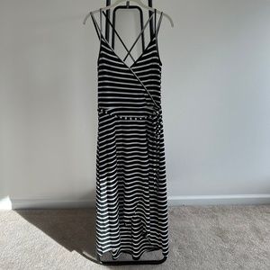 Love, Fire black + white stripe mock wrap dress size medium